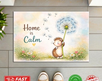 Hedgehog Dandelion Doormat - Cute Animal Welcome Mat, Calm Home Decor, Garden Lover Gift