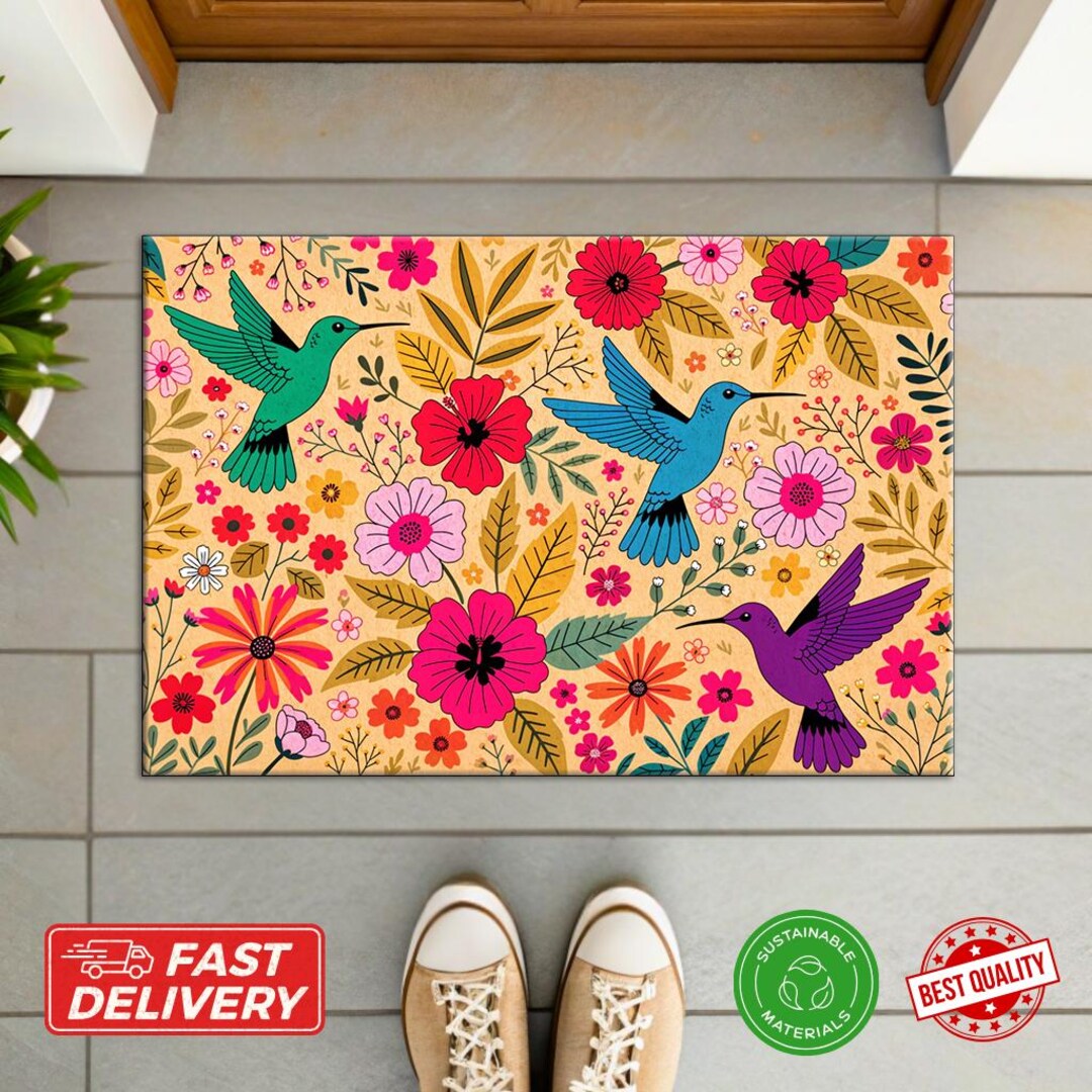 Hummingbird Welcome Mat Hummingbird Doormat - Tropical Floral Welcome Mat, Bird Garden Decor ...