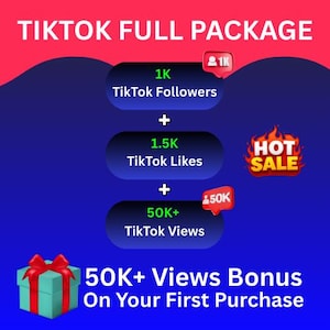 Può includere: Una pubblicità digitale per un pacchetto TikTok, con il testo "TIKTOK FULL PACKAGE". Il pacchetto include 1K follower TikTok, 1,5K Mi piace TikTok e 50K+ visualizzazioni TikTok. È presente anche una grafica "HOT SALE", con un'offerta bonus.