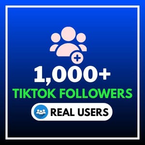Könnte beinhalten: Digitale Grafik auf blauem Hintergrund mit weißem Rand. Das Bild zeigt eine Gruppe hellrosa Personen-Icons mit einem Pluszeichen, den Text "1.000+", "TIKTOK FOLLOWERS" in Grün und "REAL USERS" in einem weißen Oval.