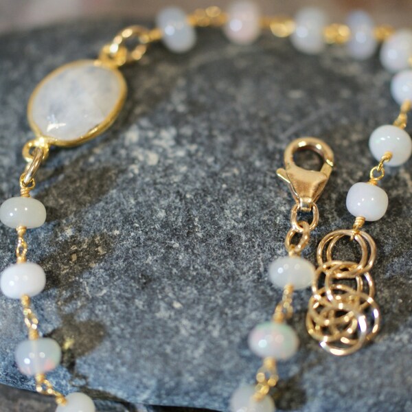 Moonstone Gemstone Bracelet with Ethiopian Opals, Handmade, October Birthstone