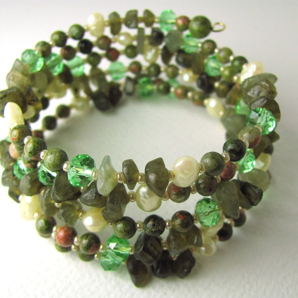 OOAK Bracelet Gemstone - Labradorite, Unakite, Green Rondelle Crystal - Memory Bracelet - srajd