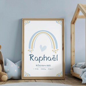 Póster de nacimiento arcoíris azul personalizado, una decoración suave y original para la habitación del bebé.