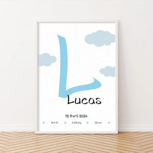 Póster de nacimiento personalizado en azul cielo, una decoración atemporal para aportar estilo y suavidad.