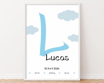 Personalized sky blue birth poster, a timeless decoration to bring style and softness