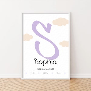 Póster de nacimiento personalizado en lila suave, un póster refinado y hecho a medida para una decoración delicada.