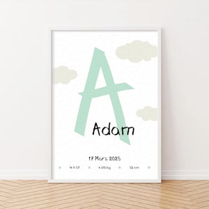 Póster de nacimiento personalizado en color verde menta, una decoración moderna y suave ideal para ofrecer un regalo único