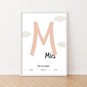 Póster de nacimiento personalizado en color rosa melocotón, creación de pared única con nombre y fecha para la habitación del bebé.