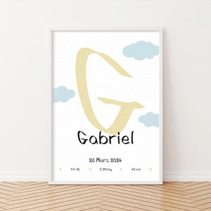 Póster de nacimiento amarillo personalizado, un original recuerdo inspirado en el grafiti con la inicial del bebé.