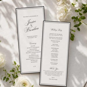Classic Wedding Program Template: Black Tie Order of Ceremony, Editable Canva 4x9 EP11
