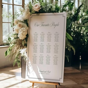 May include: A rectangular wedding seating chart sign titled Our Favorite People with black text on a white background, featuring a double-line border, mounted on a wooden easel, and decorated with a large arrangement of white roses and greenery.