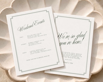 Plantilla de itinerario para fin de semana de boda de la alta sociedad, tarjeta de bienvenida para la boda (descarga digital) RD08