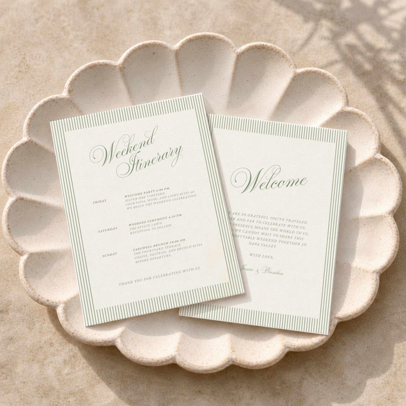 Two white wedding weekend itinerary cards with green striped borders and elegant script. One card reads "Welcome" and the other "Weekend Itinerary".