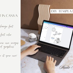Puede incluir: Una computadora port&aacute;til muestra una plantilla de bricolaje con el texto "the night before". La pantalla muestra un gr&aacute;fico en blanco y negro de una bola de discoteca y una mesa. Tambi&eacute;n se ven las palabras "Edit in Canva" y "DIY Template".