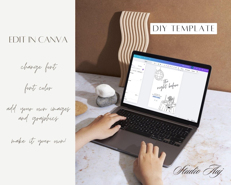 Puede incluir: Una computadora port&aacute;til muestra una plantilla de bricolaje con el texto "the night before". La pantalla muestra un gr&aacute;fico en blanco y negro de una bola de discoteca y una mesa. Tambi&eacute;n se ven las palabras "Edit in Canva" y "DIY Template".
