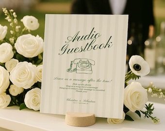 Green Striped Audio Guestbook Sign Template, Wedding Voicemail Table Sign, Editable Canva WS01