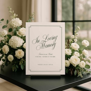 May include: A memorial sign with the text "In Loving Memory" in elegant script, framed with a gray border. The sign is displayed on a black stand, surrounded by white roses and greenery. The text includes "Forever in our Hearts" and names.