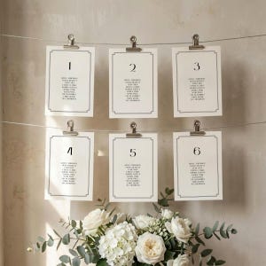 May include: Six white table number cards with a gray border are clipped to a wire. Each card has a number and guest names in black text. A floral arrangement of white roses and greenery is in the foreground.