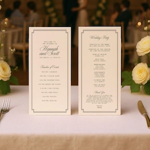 Może przedstawiać: Dwie kremowe karty menu weselnego z czarnym tekstem i ozdobną obwódką. Lewa karta głosi "Witamy na ślubie Hannah i Scotta" i zawiera harmonogram wydarzeń. Prawa karta zawiera listę gości weselnych.