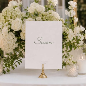 May include: A white rectangular table number card featuring the word Seven in a grey script font, with the text REBECCA & SHIVE JUNE 8, 2024 printed below, held upright by a small gold metal stand amidst a large arrangement of white flowers.
