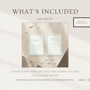Puede incluir: Dos plantillas de invitaci&oacute;n con las palabras "Welcome" y "Weekend Itinerary" sobre un fondo beige claro. Tambi&eacute;n se ve el texto "WHAT'S INCLUDED" y "INSTANT DOWNLOAD!". Las plantillas est&aacute;n rodeadas por un borde verde claro.