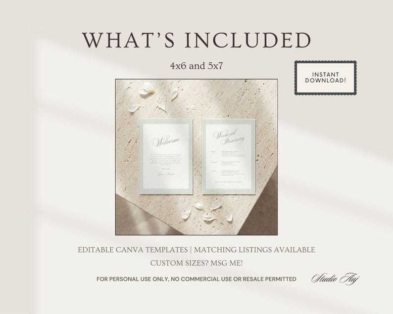 Puede incluir: Dos plantillas de invitaci&oacute;n con las palabras "Welcome" y "Weekend Itinerary" sobre un fondo beige claro. Tambi&eacute;n se ve el texto "WHAT'S INCLUDED" y "INSTANT DOWNLOAD!". Las plantillas est&aacute;n rodeadas por un borde verde claro.