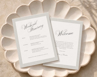 Plantilla elegante para itinerario de fin de semana de boda, tarjeta de bienvenida editable (descarga digital) EP10