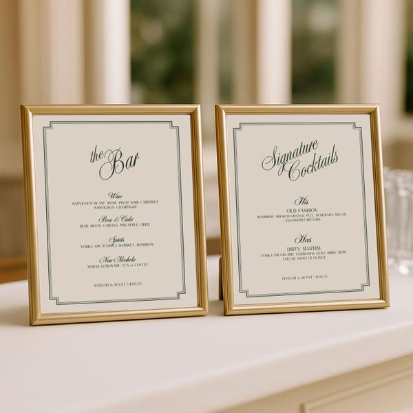 Old Money Wedding Bar Menu Template: Elegant Signature Cocktails (Digital Download RD08)
