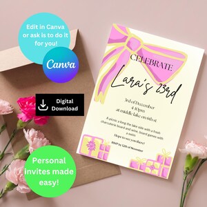 Invito digitale di compleanno, stampabile, personalizzabile, ragazza, donna, rosa, fiocco