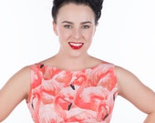 50's style Pink Ladies Dress, Flamingo, coral, kitsch, Pinup, vintage reproduction, novelty print