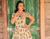50's style Oh Alice Print Cotton Dress, Alice in Wonderland, Pinup, vintage reproduction, novelty print, Tenniel