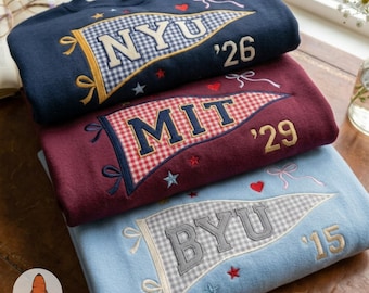 Embroidered Custom Pennant Sweatshirt, Gingham Applique Sweatshirt, Personalized College Letter Sweatshirt, Graduation Gift
