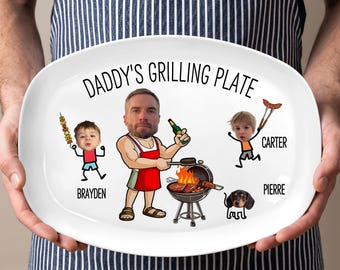 Personalized Daddy's Grilling Plate - Custom Burger Hot Dog Handprint Footprint Platter, Gift for Dad from Kids, BBQ Serving Tray