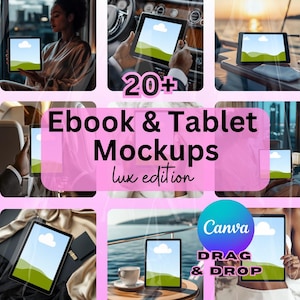Op de afbeelding: Een verzameling van meer dan 20 e-book- en tabletmockups in een luxe editie. De mockups tonen verschillende apparaten in verschillende omgevingen, waaronder een vrouw die een tablet vasthoudt, een auto-interieur, een boot en een strand. De tekst "Canva DRAG & DROP" is zichtbaar in de rechterbenedenhoek.