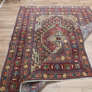 4.5x5.8 ft, Vintage Persian Style Rug 5x6, Dark Navy & Ruby Red Medallion Rug, Hand-Knotted Wool Rug, Floral Oriental Accent Rug