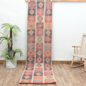 Vintage Turkish Runner Rug: Pink Beige Brown Wool, Bohemian Stair Decor