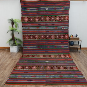 Vibrant Multi-Color Vintage Kilim, Oversized 6x12 Striped Tribal Rug, Boho Chic Large Runner, Handspun Wool Anatolian, Rustic Home Decor