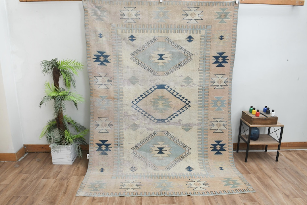 Vintage Turkish Rug, 6x8 Large Tribal Area Rug, Muted Geometric Diamond ...