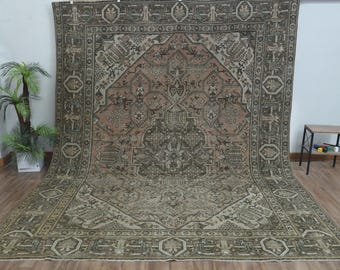 Orange Vintage Turkish Wool Rug, Persian Unique Style, Minimalist Decor (9'8x12'1 ft)
