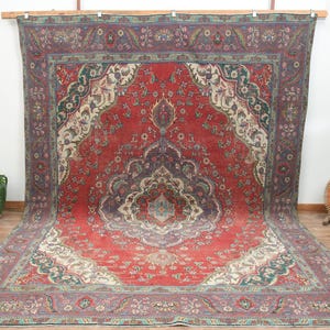 Handmade Wool Turkish Area Rug: Vintage Oushak Bohemian Decor (9&#39;5x12&#39;7 ft)