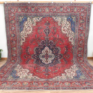 Oversized Vintage Turkish Rug: 9&#39;7x12&#39;3 Red Blue Wool Area Rug