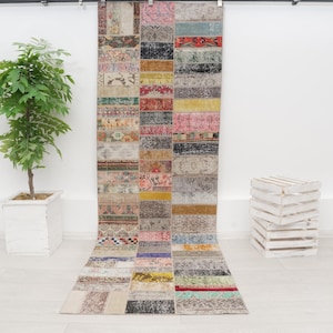 Vintage Turkish Oushak Patchwork Rug Runner 3x10: Boho Hallway Decor