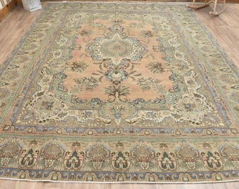 Oversized Vintage Orange Persian Rug 9'9x12'8: Handmade Wool Boho Decor