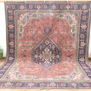 9&#39;5x12&#39;1 Vintage Persian Rug: Handcrafted Wool, Red & Blue Bohemian