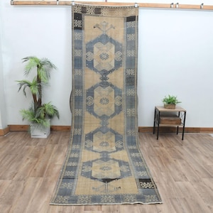 Può includere: Un lungo tappeto passatoia rettangolare caratterizzato da un motivo geometrico ripetuto in tonalità blu tenue e beige. Il design include quattro medaglioni esagonali centrali con motivi complessi, incorniciati da un bordo decorativo scuro.