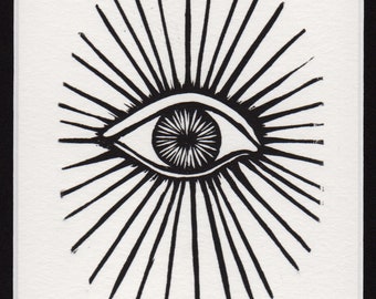 Evil Eye Matted Linocut Hand Printed Hand Carved Black & White