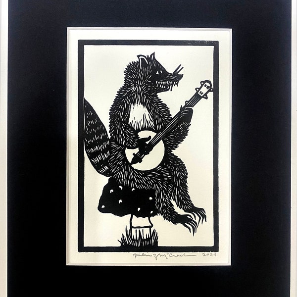 Raccoon Playing Banjo Matted Linocut Hand Printed Hand Carved Black & White