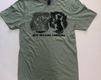 Jazz Cats T-Shirt: Trombone & Trumpet, Sage Green Cotton Tee