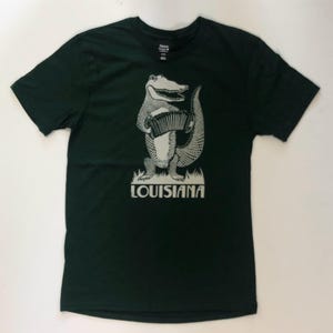 T Shirt - Alligator Playing Cajun Accordion Forest Green Soft Style Screen Printed Woodcut