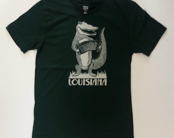 T Shirt - Alligator Playing Cajun Accordion Forest Green Soft Style Screen Printed Woodcut